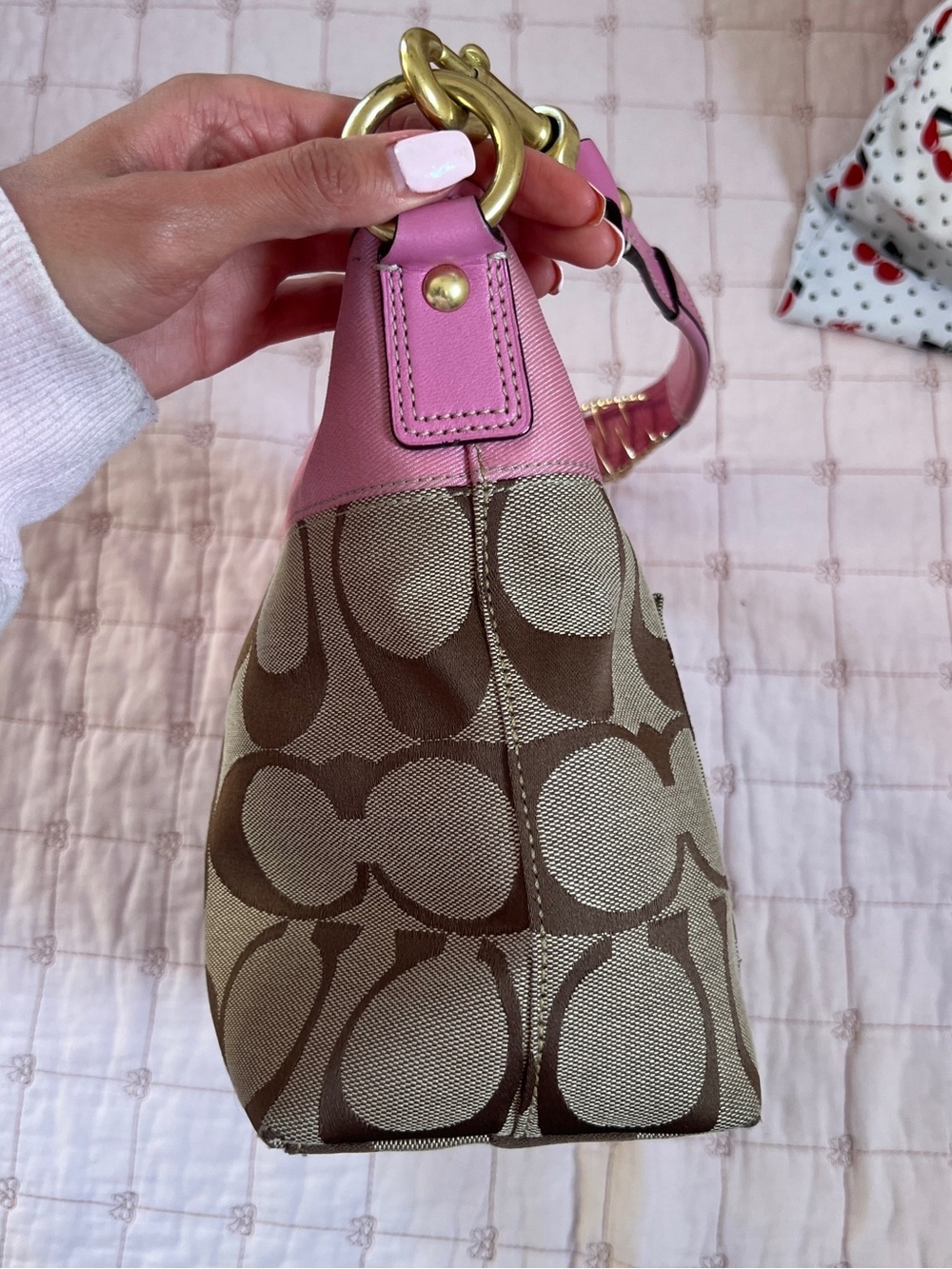 Coach Hobo Bag Medium Pink Khaki Signature Monogram Satin Leather 11957 - Picture 11 of 16